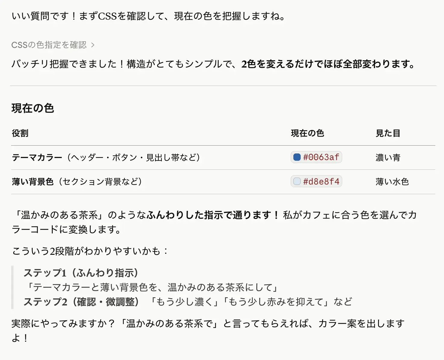 いい質問です！「温かみのある茶系」のような指示で通ります！私がカフェに合う色を選んでカラー案をだしますよ！